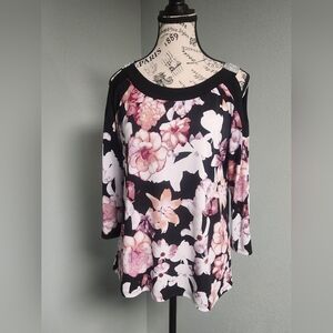 Diana Belle Floral Black and Pink Women's Top With Rinestones